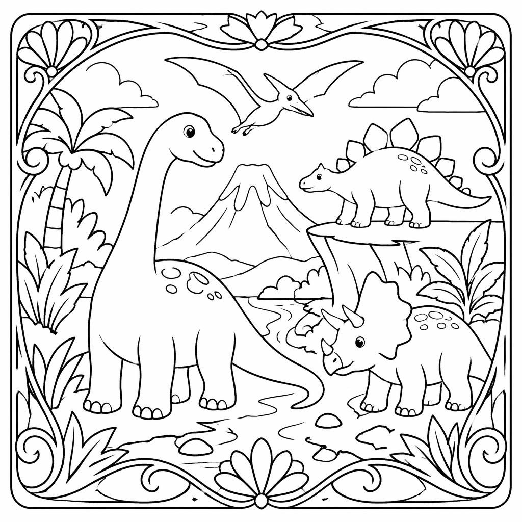 Ilustración en blanco y negro de escenas de dinosaurios para niños, con contornos simples y fondo blanco