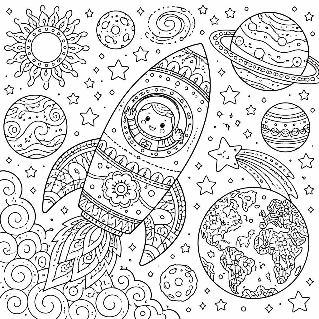 Ilustración en blanco y negro de un cohete espacial con planetas, estilo tierno y detalles intrincados para colorear.