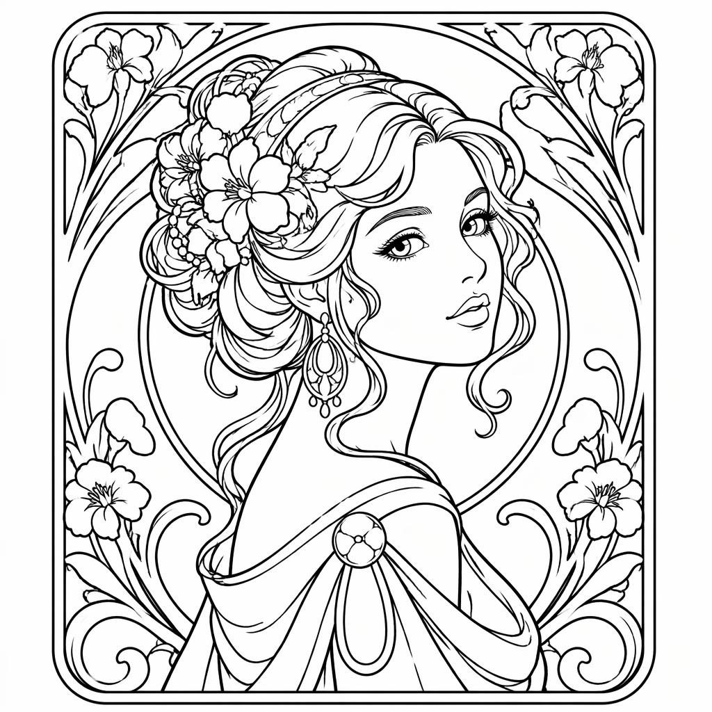 Portrait d’une femme art nouveau en noir et blanc, style manga, en line art imprimable pour coloriage adulte