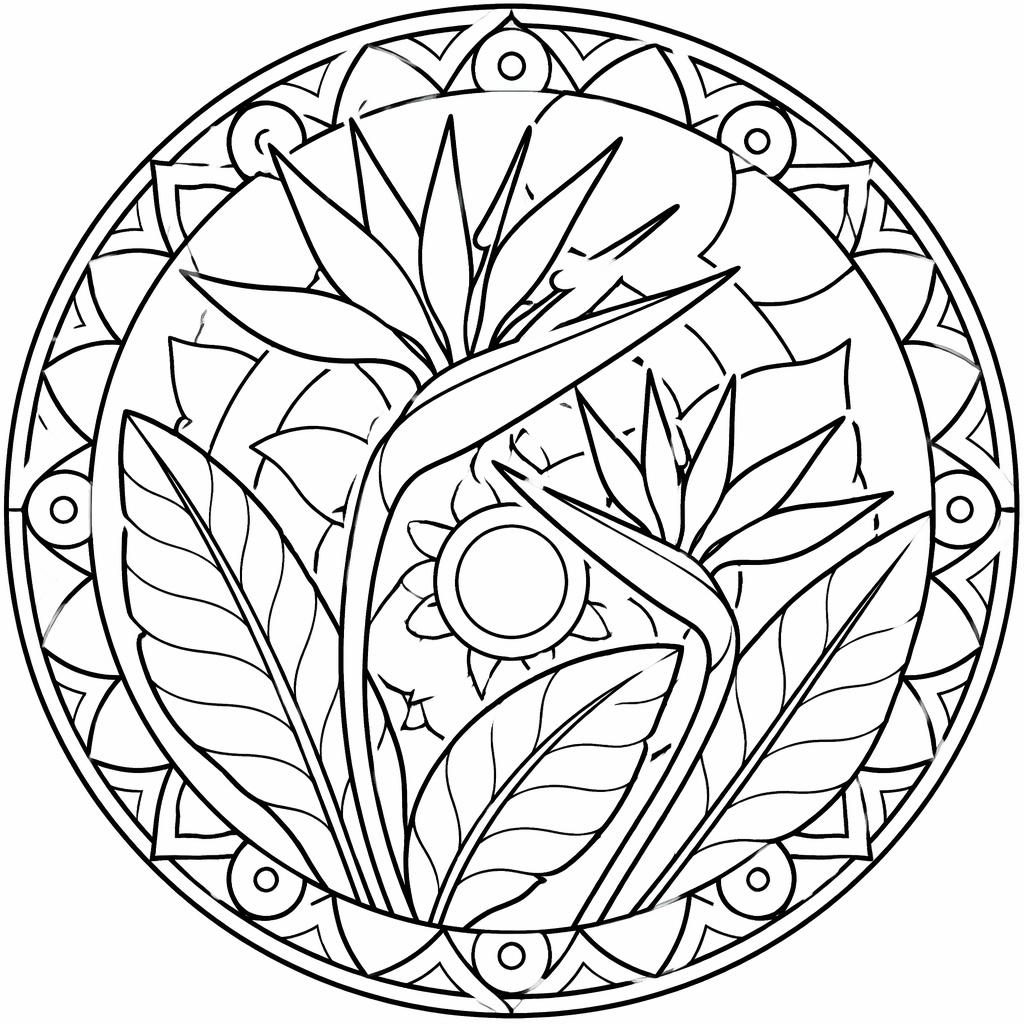 Ilustración para colorear en blanco y negro de aves del paraíso con estilo mandala simple y contornos gruesos.