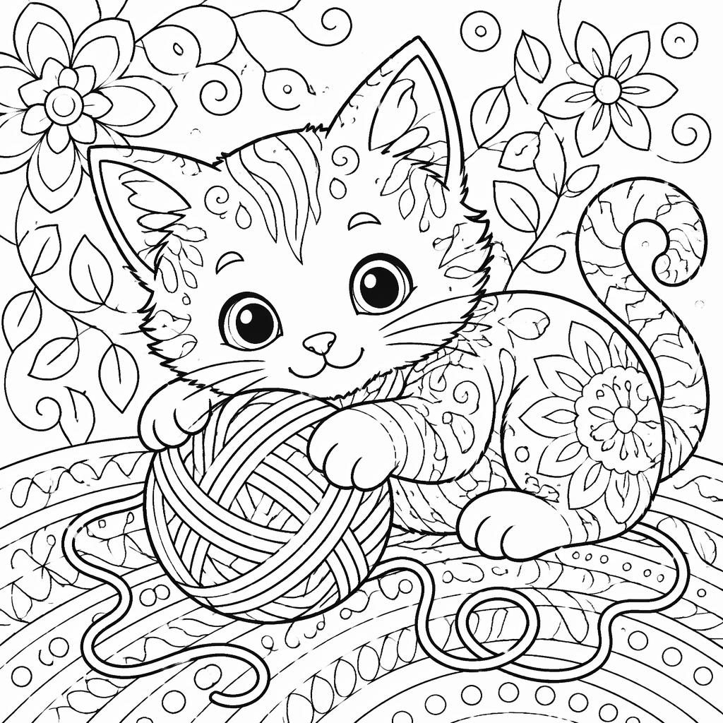 Black-and-white coloring page of a kitten playing with yarn balls in a detailed zentangle doodle line-art style.