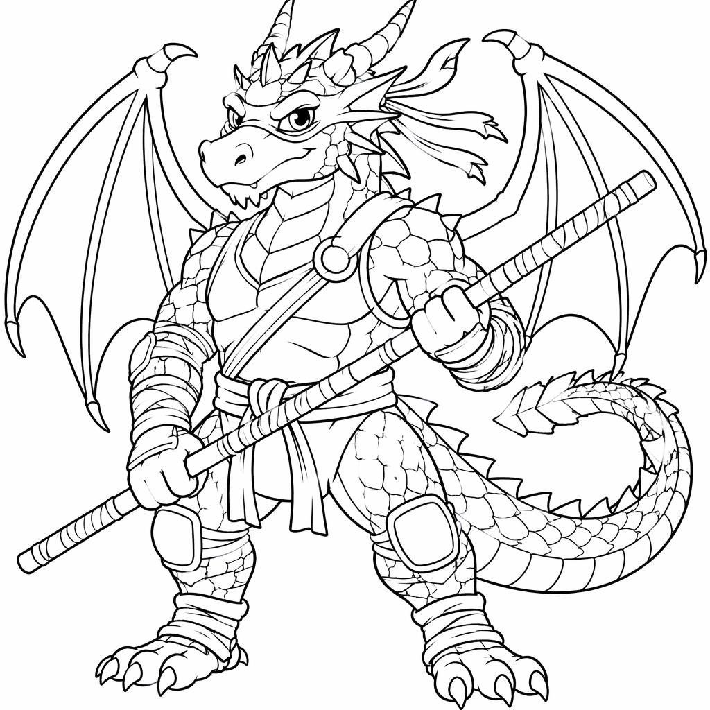 Black-and-white line art coloring page of a cute adult fantasy dragon with detailed closed outlines on white background.