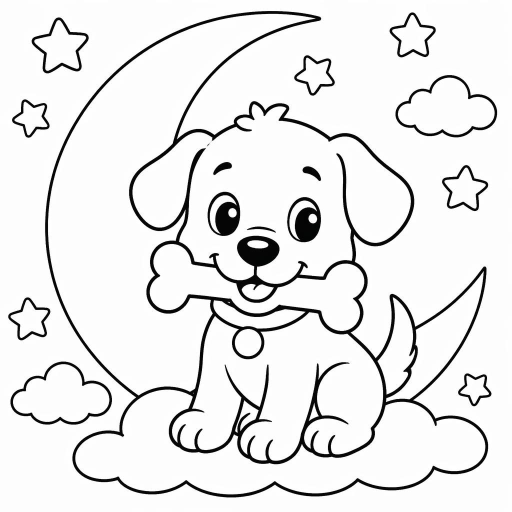 Ilustración para colorear en blanco y negro de un perro tierno con un hueso, líneas gruesas y fondo blanco.