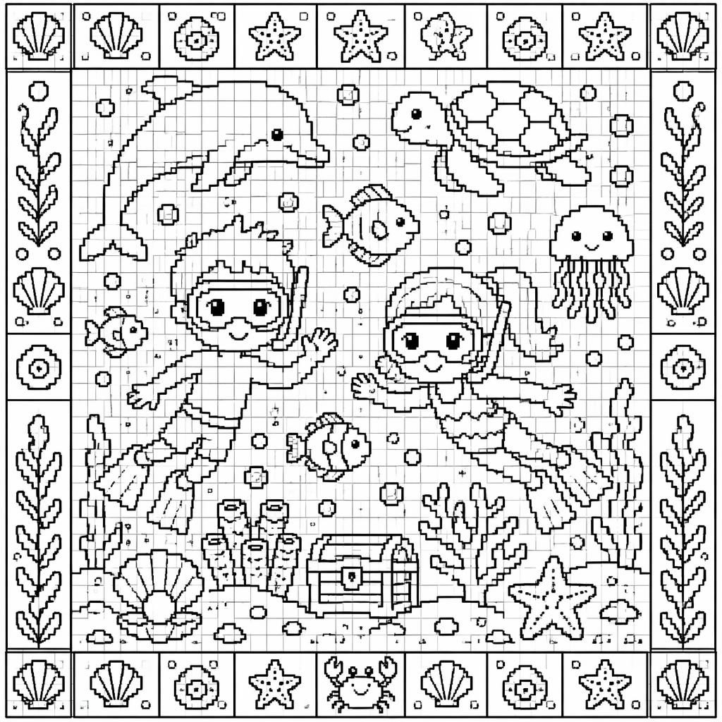 Illustration noir et blanc d’une scène sous-marine pour enfants, avec poissons, coraux et motifs détaillés à colorier.
