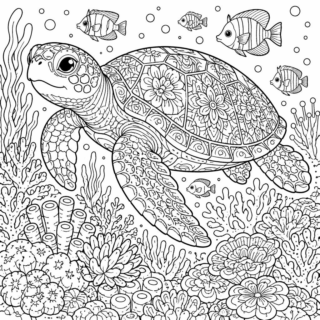Illustration noir et blanc d’une tortue de mer adulte sur un récif, style cartoon mignon, détails complexes à colorier.