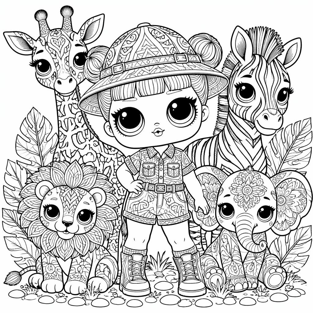 Black-and-white coloring page with safari animals in zentangle patterns, clean outlines, white background, printable.