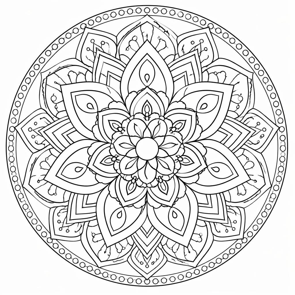 Schwarz-weiße Mandala-Linienzeichnung mit geometrischem Muster im detailreichen, sauberen Ausmalstil für Erwachsene.