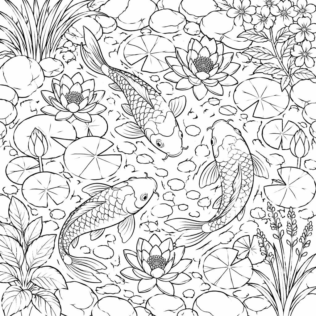 Black-and-white koi pond coloring page with detailed fish, lilies, rocks, and botanical line art on white background.