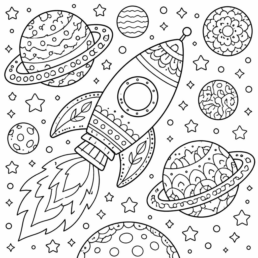 Ilustración para colorear en blanco y negro con cohete espacial, planetas y detalles botánicos para niños.