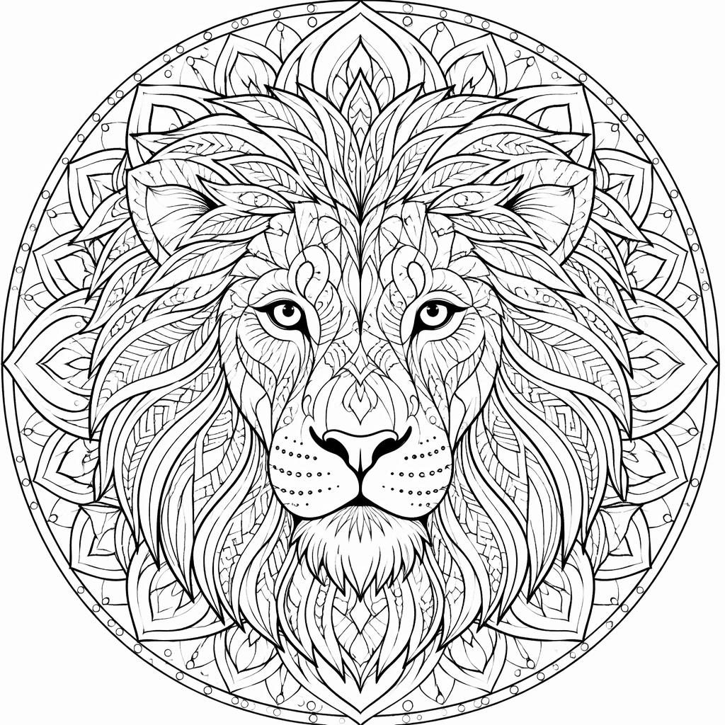 Schwarz-weißes Löwenkopf Ausmalbild als geometrisches Mandala mit feinen Zentangle-Mustern und klaren Linien.