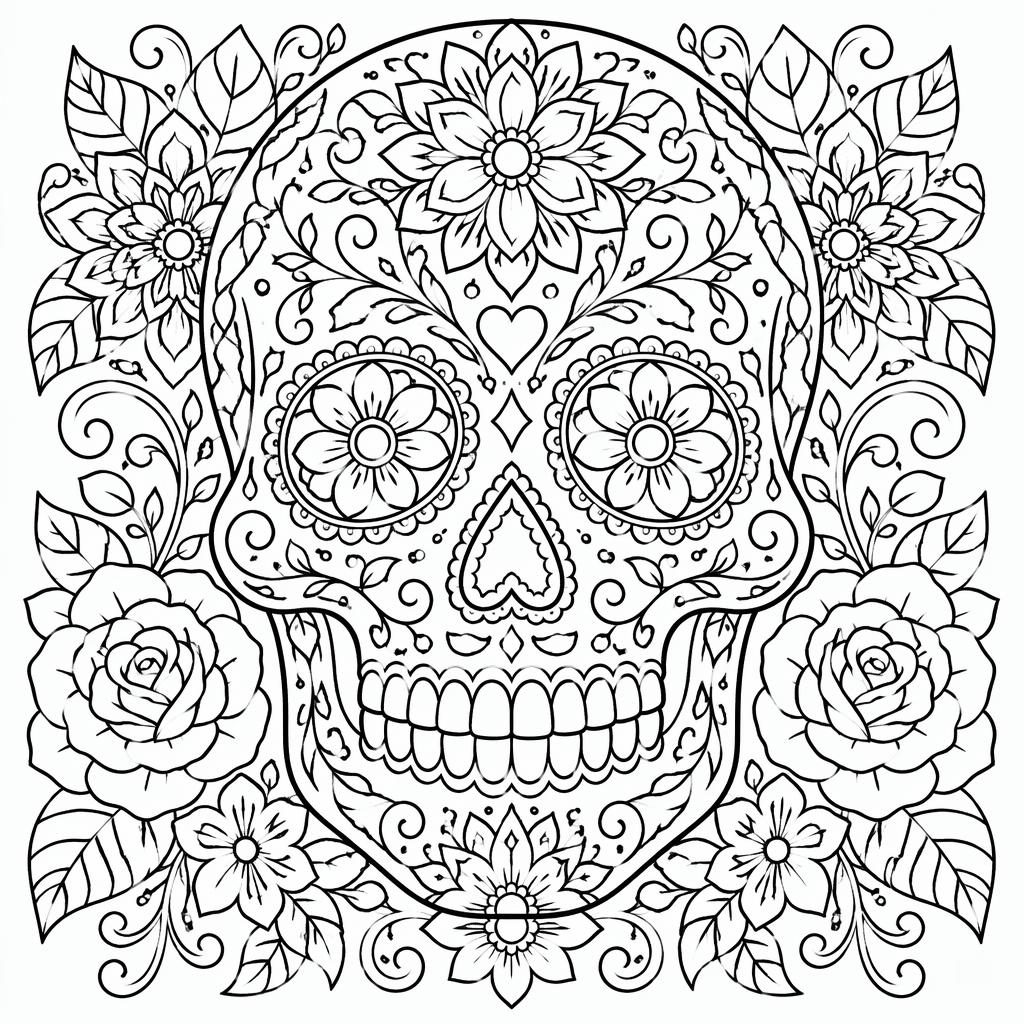 Illustration a colorier en noir et blanc d une tete de mort mexicaine style mandala, details zentangle, contours nets