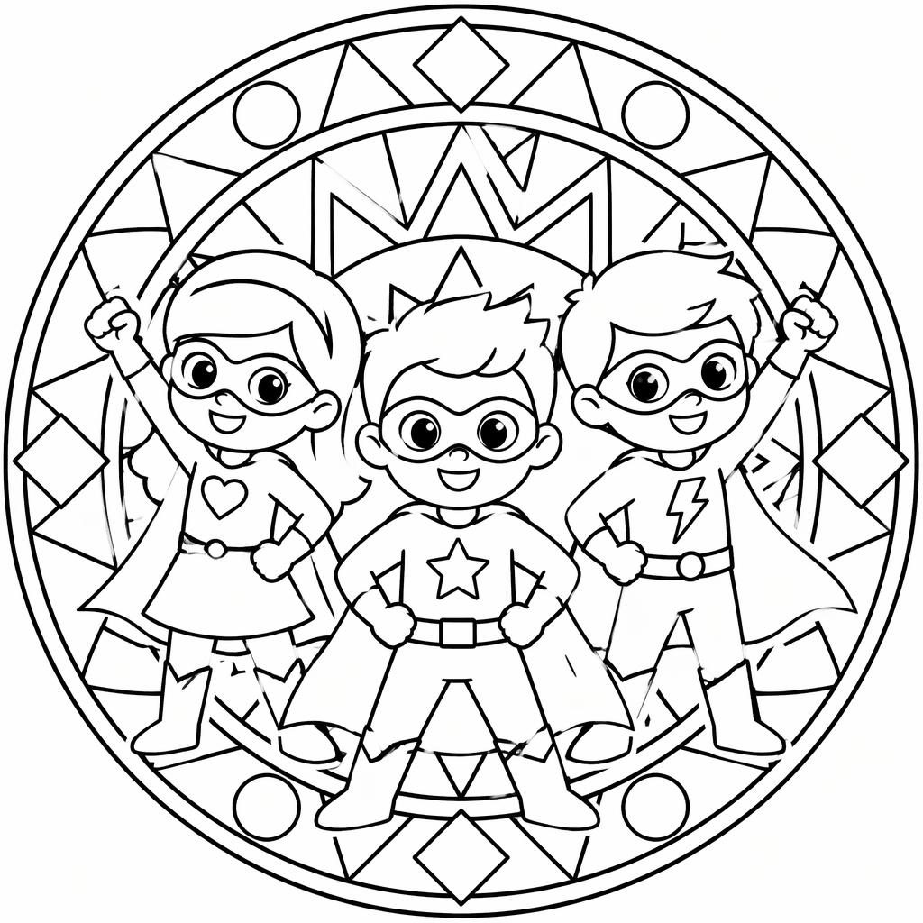 Ilustración en blanco y negro de niños superhéroes caricaturescos con estilo mandala simple y contornos gruesos.