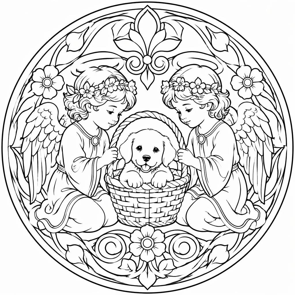 Ilustración para colorear en blanco y negro de un cachorro en una cesta con niños, estilo art nouveau.