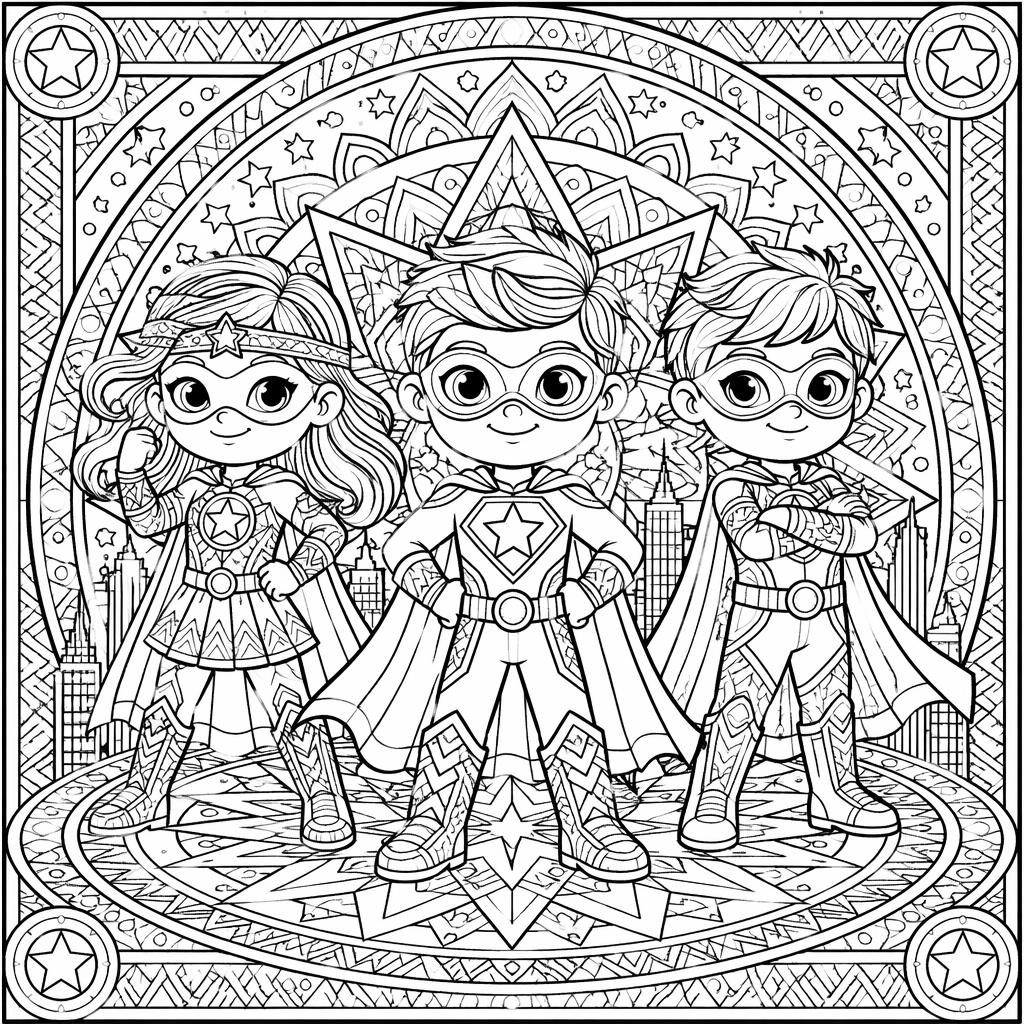 Illustration noir et blanc de enfants super-héros cartoon, style mandala détaillé, contours nets à colorier.