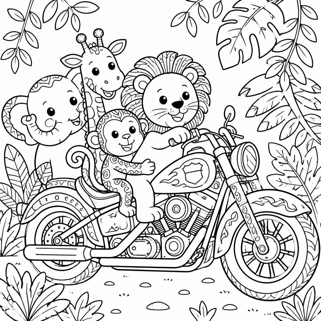 Illustration noir et blanc à colorier avec animaux de la jungle pour enfants, style doodle simple, contours épais.