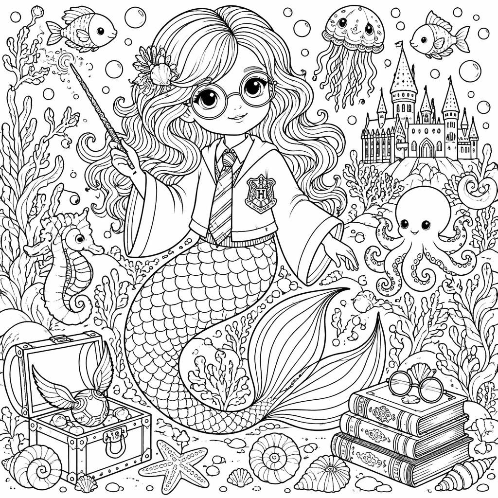 Ilustración en blanco y negro de una sirena tierna bajo el mar, con detalles intrincados, peces y elementos marinos.
