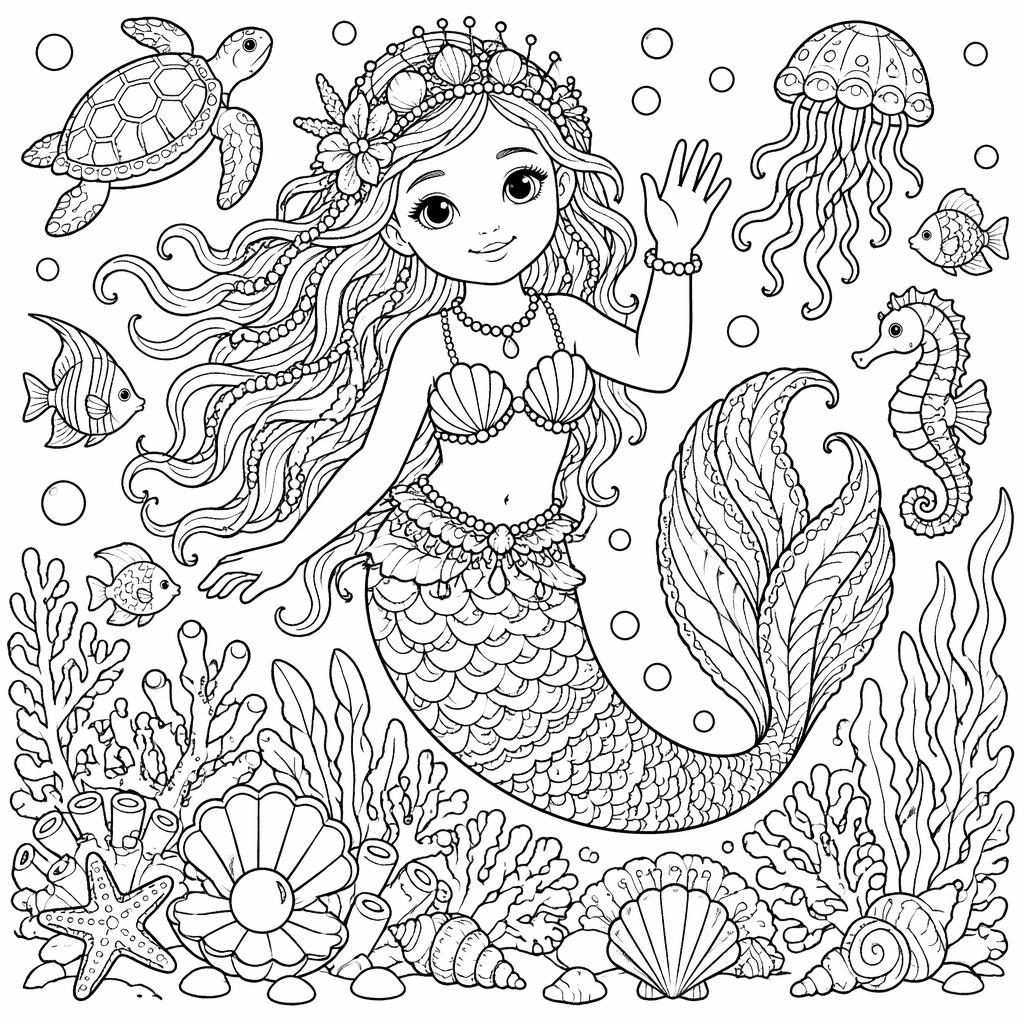 Illustration noir et blanc à colorier d’une sirène sous la mer, entourée d’éléments marins détaillés pour enfants.
