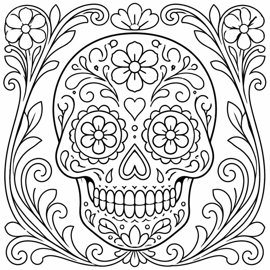 Černobílá omalovánka s cukrovou lebkou Dia de los Muertos v jednoduchém secesním line-art stylu.