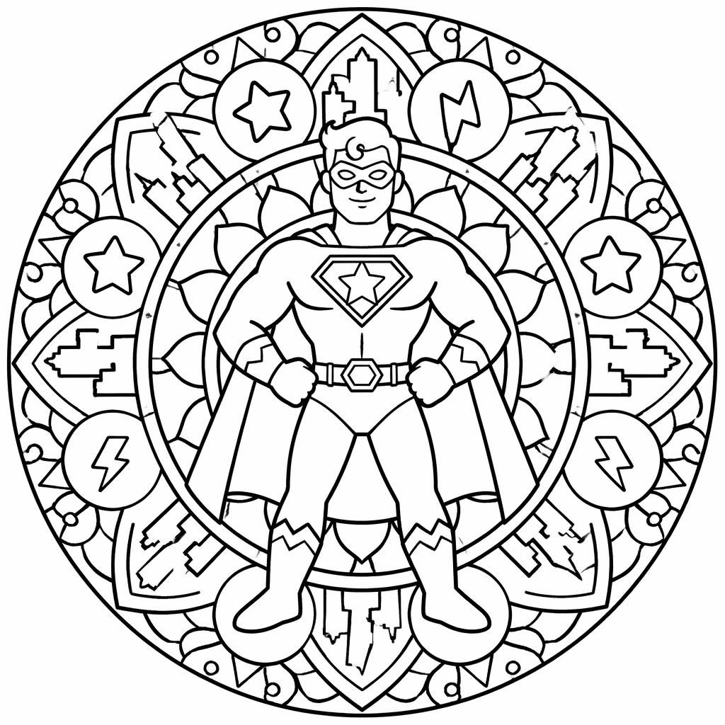 Illustration noir et blanc d’un mandala à gros contours, style doodle, formes simples fermées à colorier