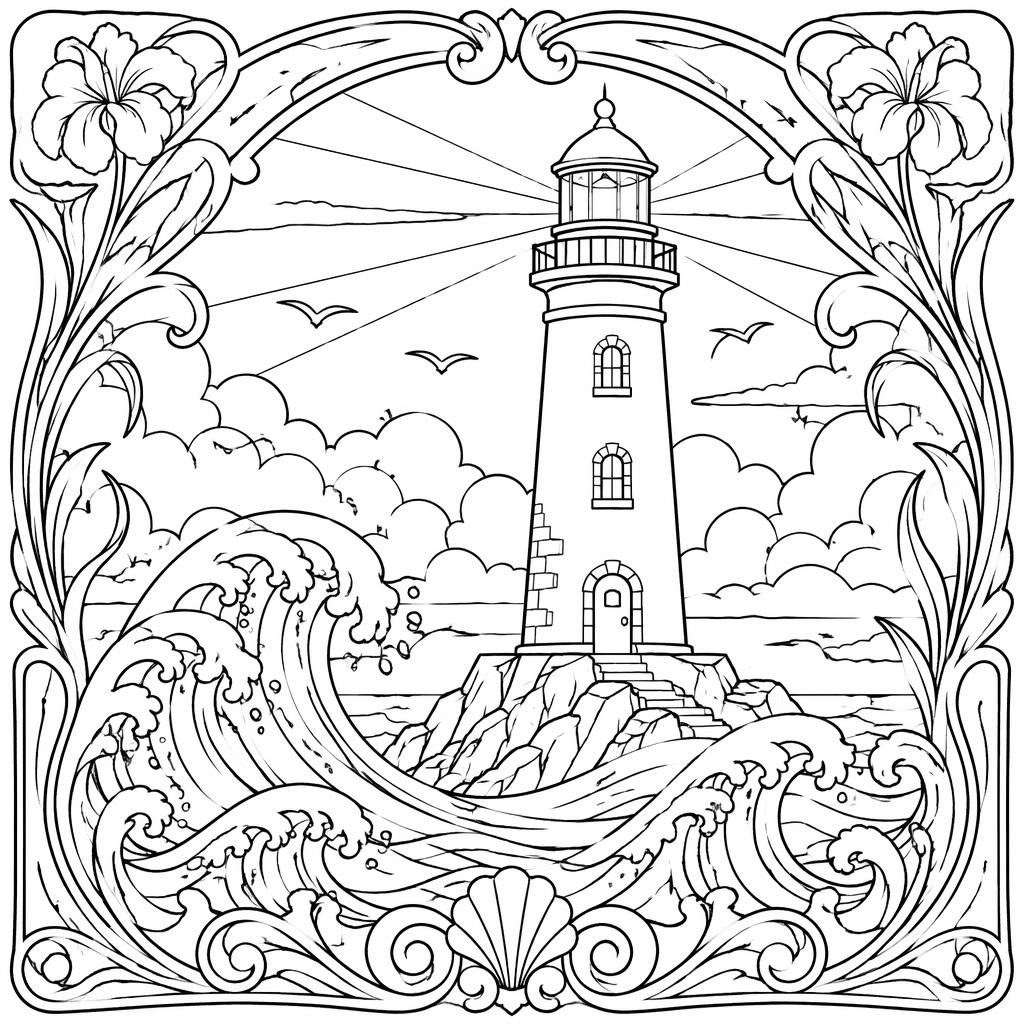 Schwarz-weiße Ausmalseite mit Leuchtturm und stilisierten Wellen im detailreichen Jugendstil als klare Linienzeichnung.