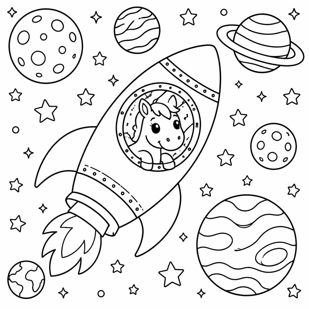 Schwarz-weiße Ausmalseite mit niedlicher Rakete und mehreren Planeten im Cartoon-Stil für Kinder.