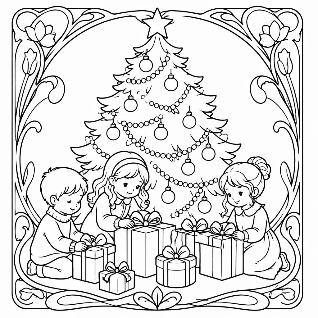 Ilustración para colorear en blanco y negro con árbol de Navidad, regalos y niños, en estilo art nouveau.