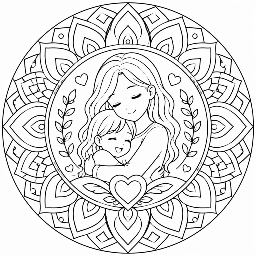 Black-and-white mandala geometric adult coloring page in manga-inspired line art with clean closed shapes on white