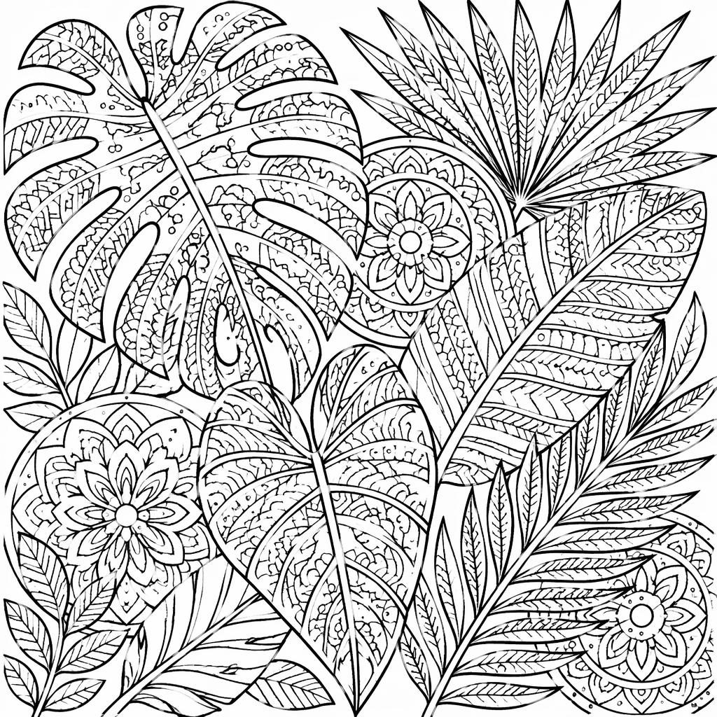 Schwarz-weiße Ausmalbild-Illustration mit detailreichen tropischen Blättern im Zentangle- und Mandala-Stil.