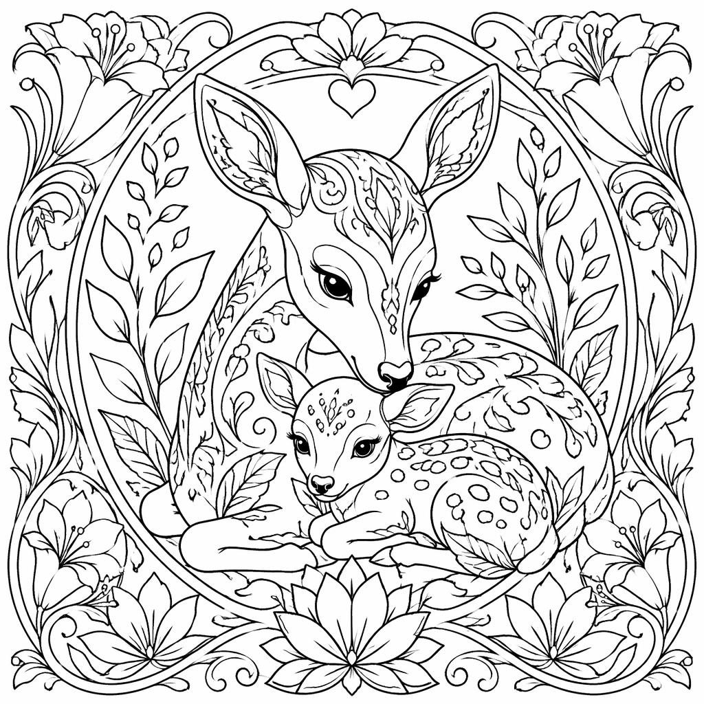 Black-and-white Art Nouveau coloring page with mother and baby animals, intricate mandala-style outlines on white.