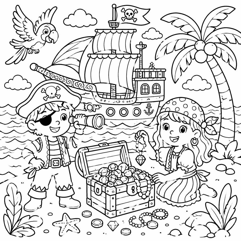 Schwarz-weiße Ausmalbild-Illustration mit Piratenschiff, Schatztruhe und Kindern im einfachen Doodle-Stil.
