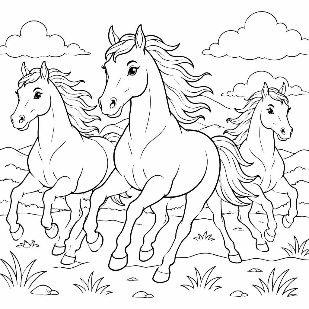 Schwarz-weiße Ausmalbild-Illustration mit mehreren rennenden Pferden in einfachen, klaren Umrisslinien.
