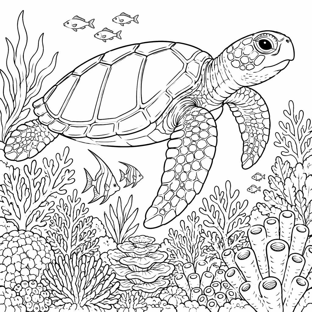 Illustration noir et blanc d’une tortue marine adulte dans un récif, style botanique détaillé à colorier.