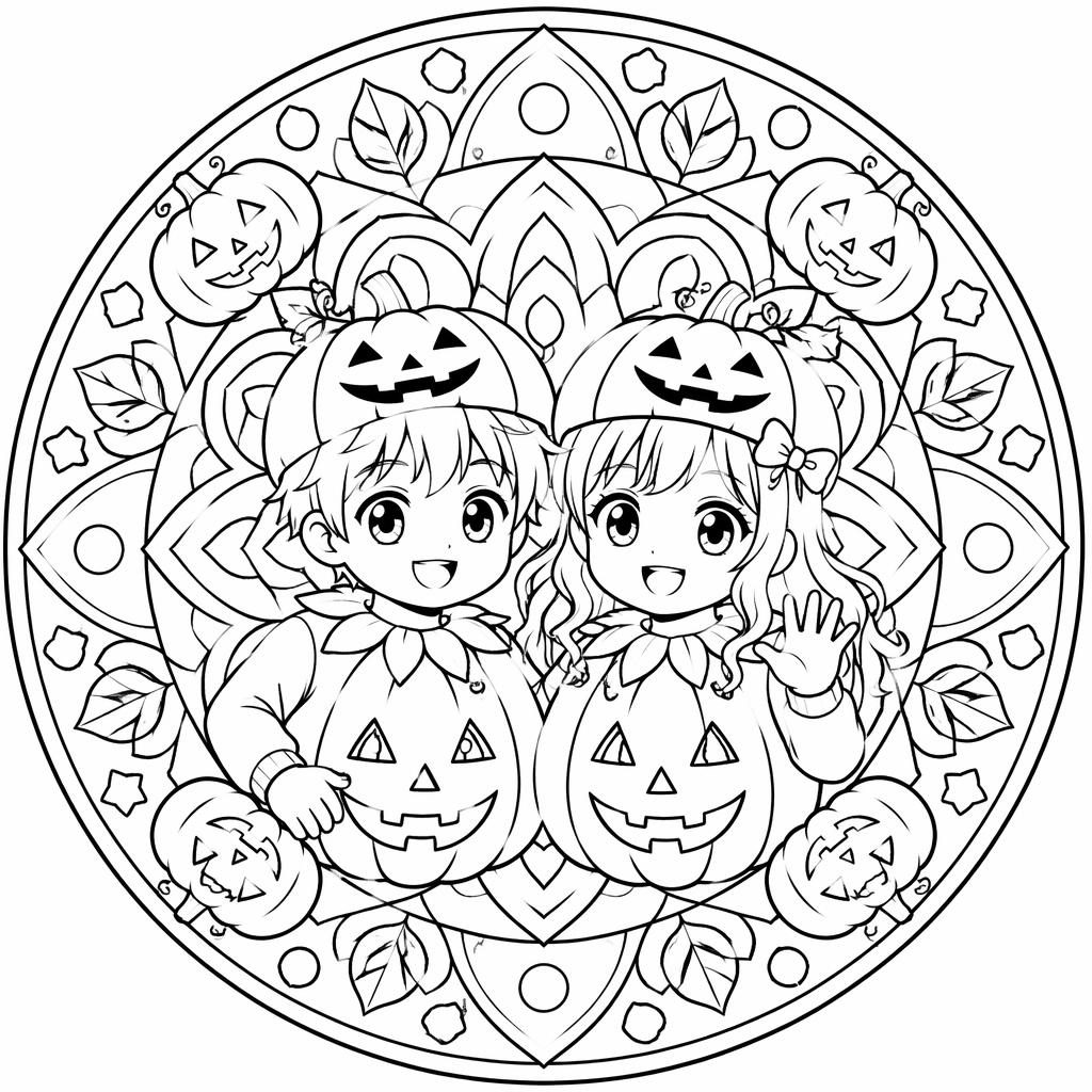 Ilustración para colorear en blanco y negro de niños con calabazas de Halloween, estilo manga y contornos limpios.