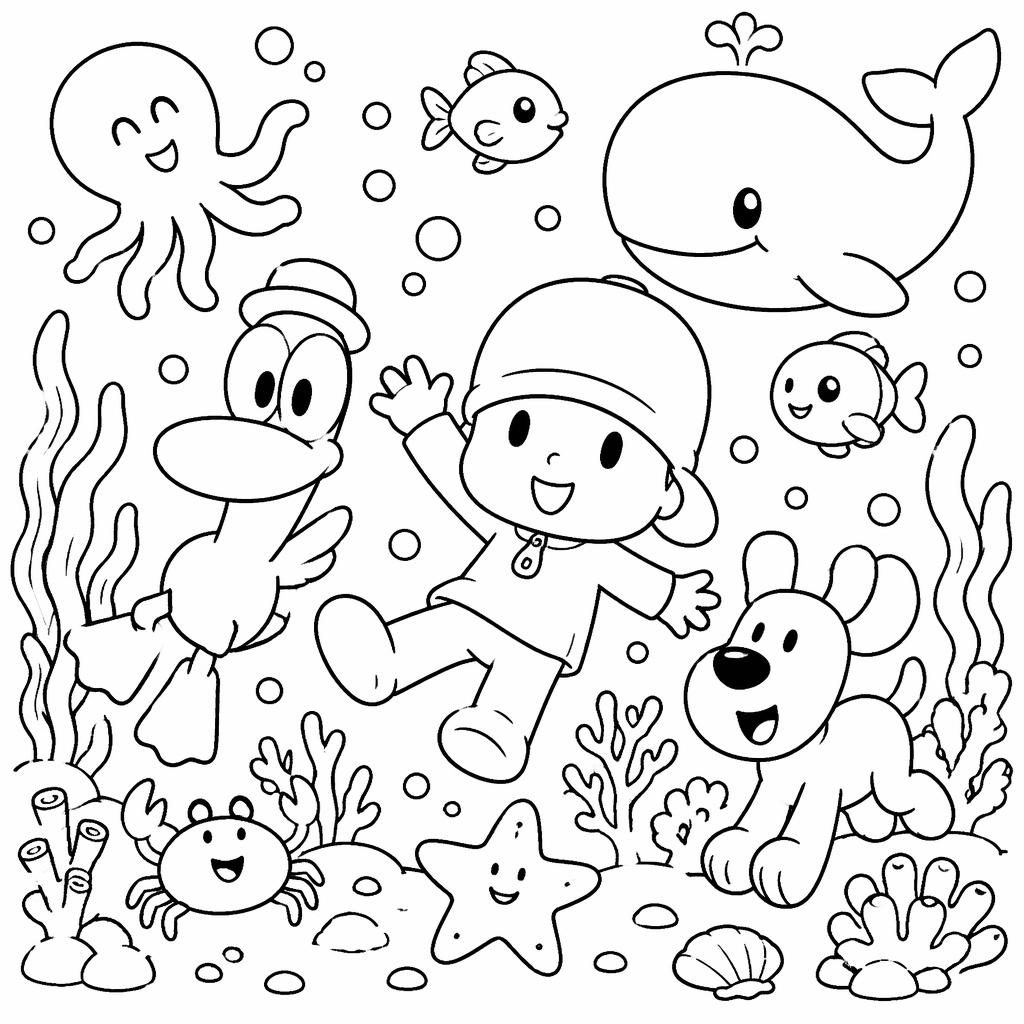 Ilustración en blanco y negro de una escena submarina infantil con peces, burbujas y formas simples para colorear.