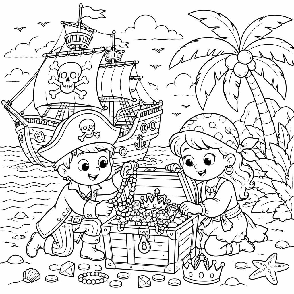 Black-and-white coloring page of a pirate ship, treasure chest, and cute kids in clean printable line art.