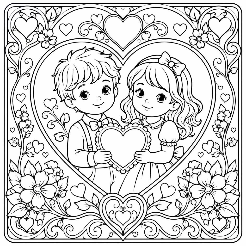 Black-and-white coloring page with valentine hearts for kids in intricate art nouveau line art on a white background.