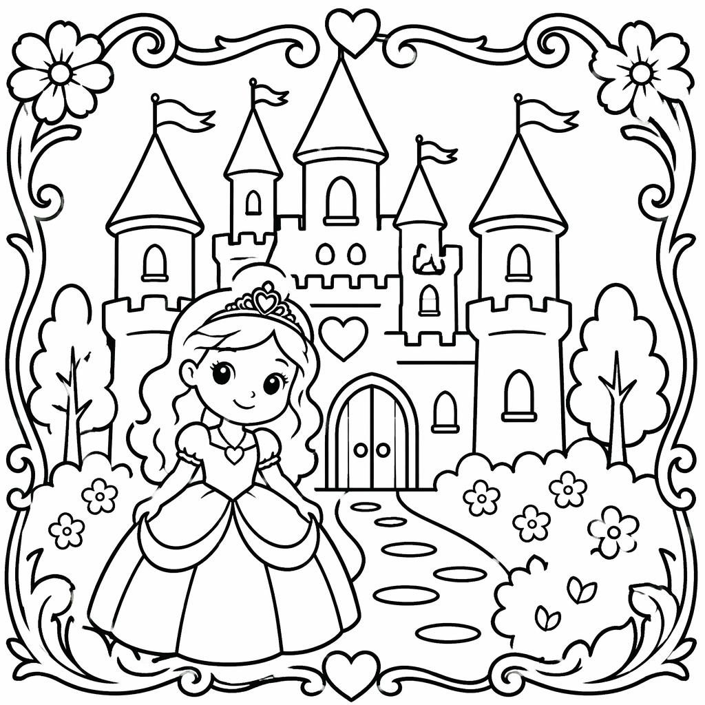Black-and-white coloring page of a simple fairy tale princess castle for kids, with chunky outlines and clean closed shapes.