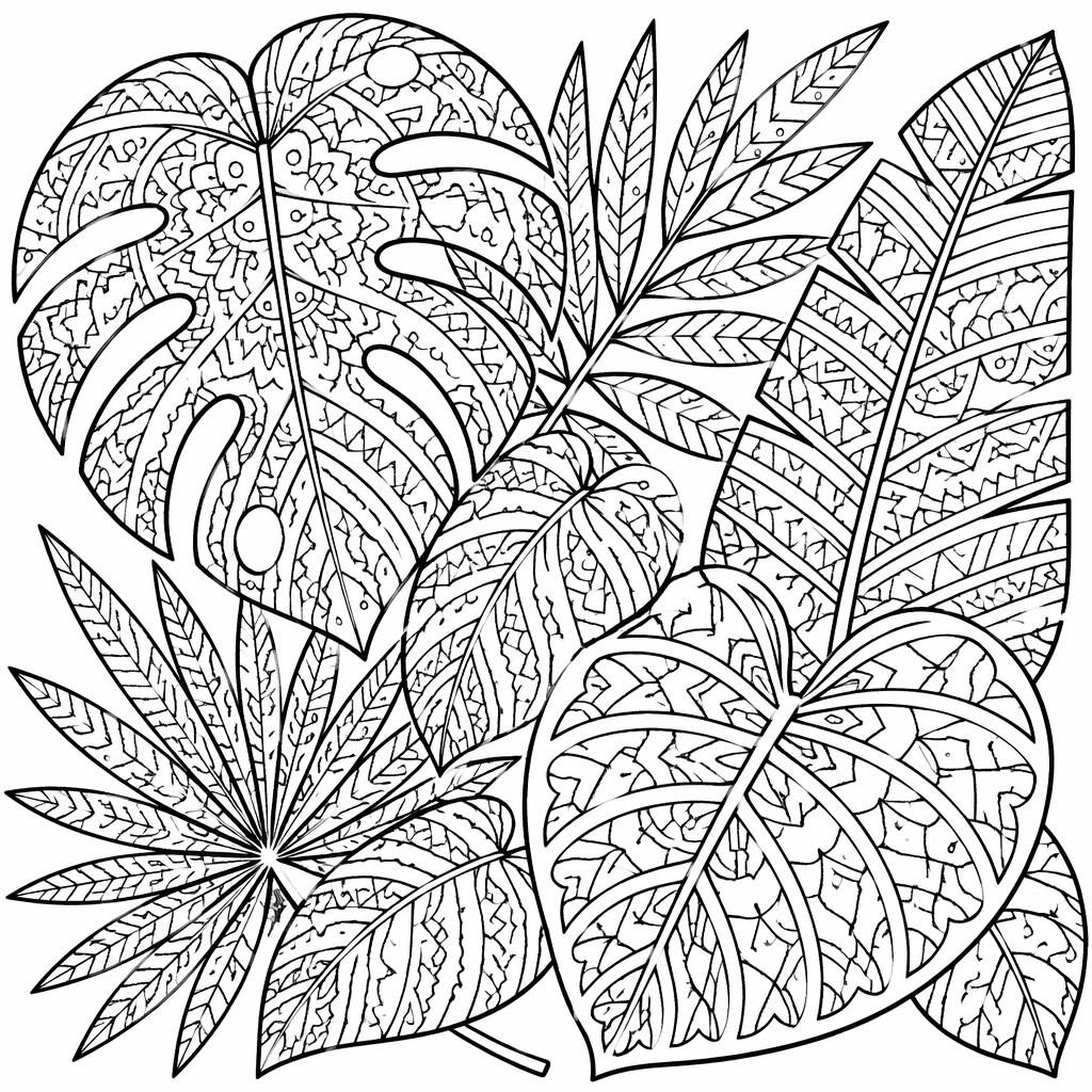 Illustration noir et blanc de feuilles tropicales en zentangle, style mandala géométrique, contours nets à colorier