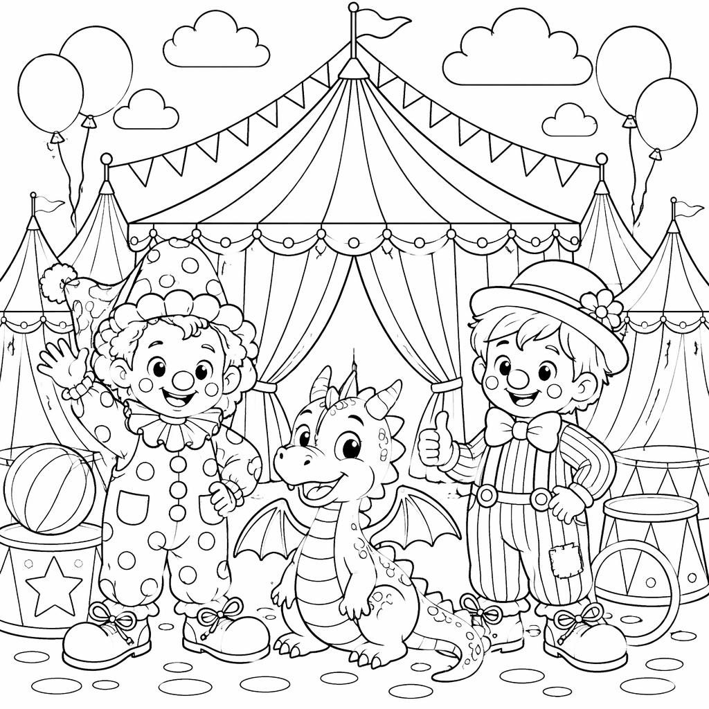 Ilustración para colorear en blanco y negro con carpa de circo, payasos y niños, en line art limpio y detallado.