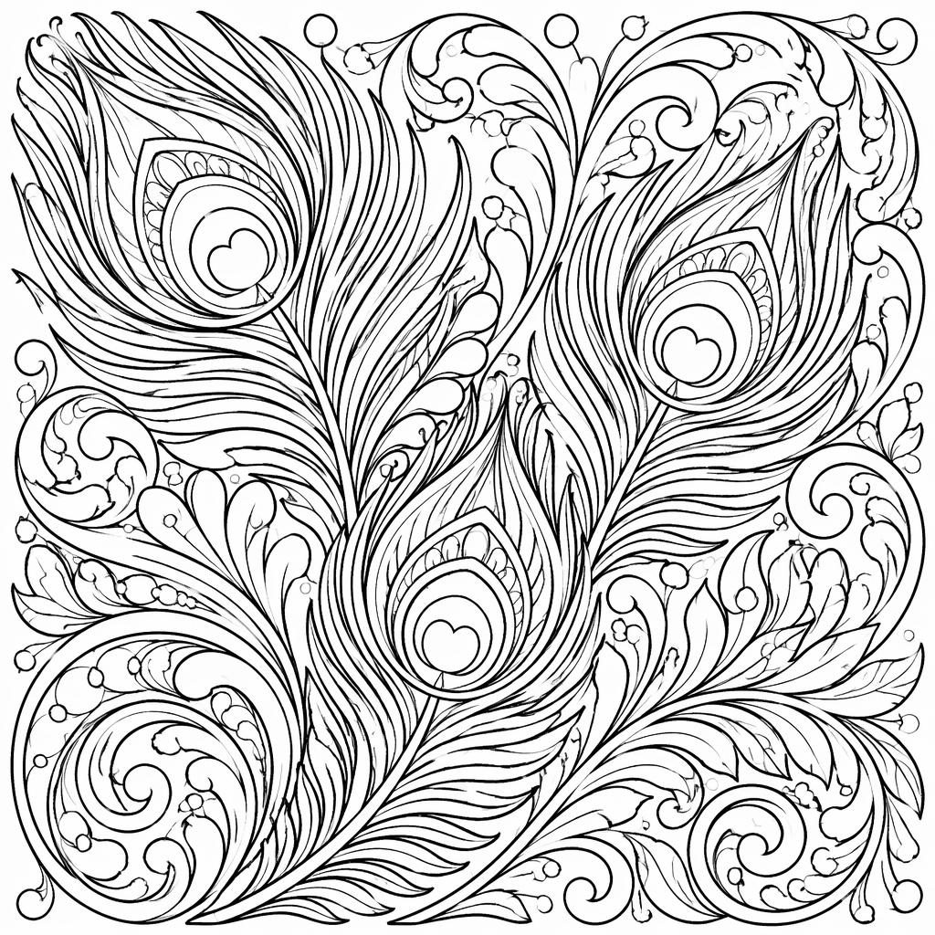 Ilustración para colorear en blanco y negro con plumas de pavo real detalladas estilo art nouveau.