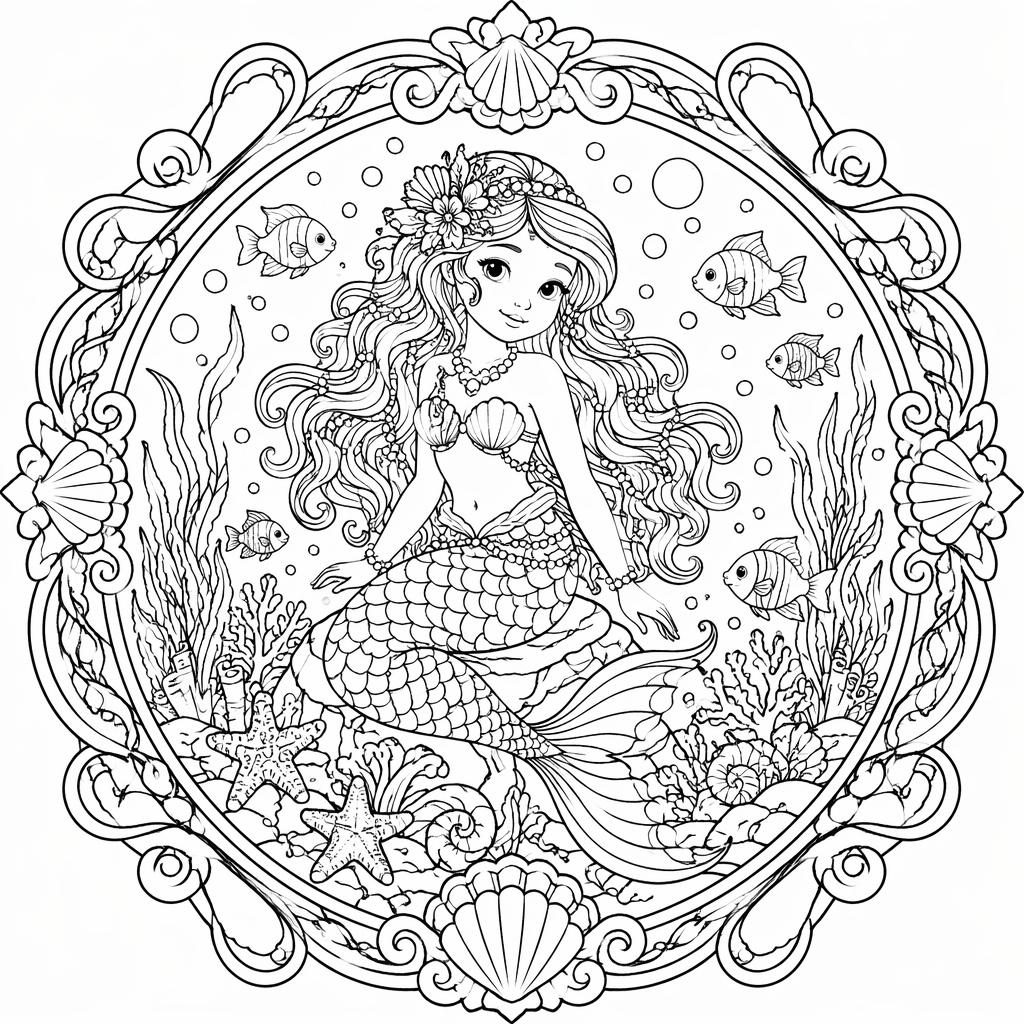 Ilustración para colorear en blanco y negro de una sirena bajo el mar con detalles intrincados y estilo art nouveau.