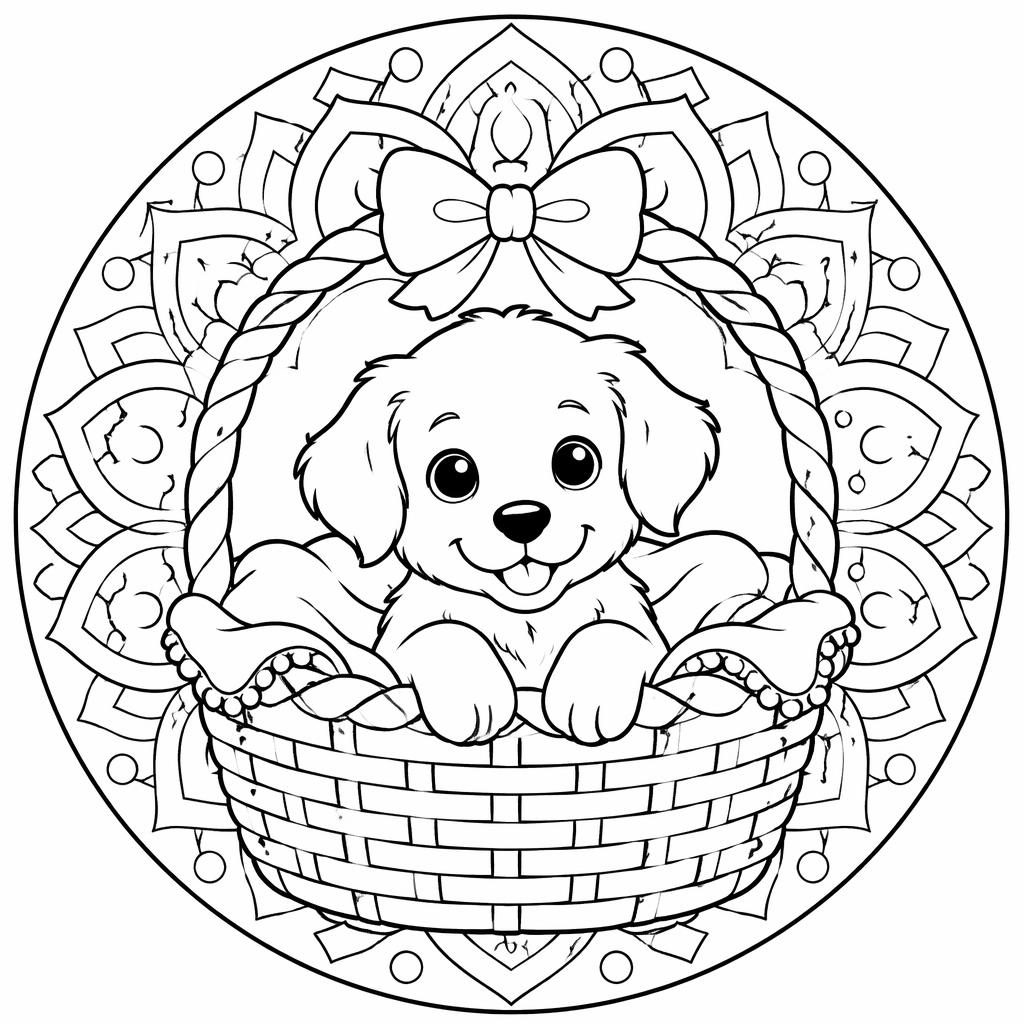 Black-and-white coloring page of a puppy sitting in a basket with kid-friendly mandala geometric line art.