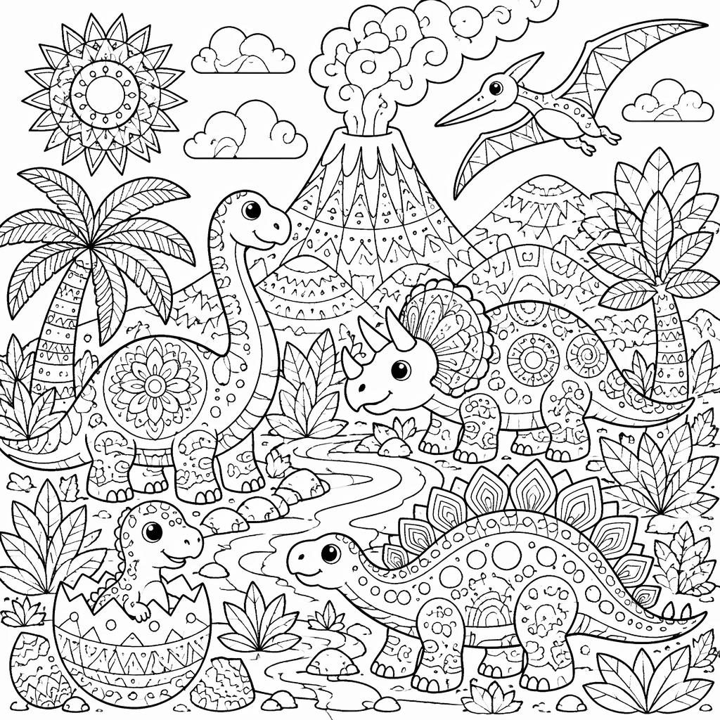 Schwarz-weißes Ausmalbild mit kinderfreundlichen Dinosaurier-Szenen, Mandala-Mustern und feinen Linien