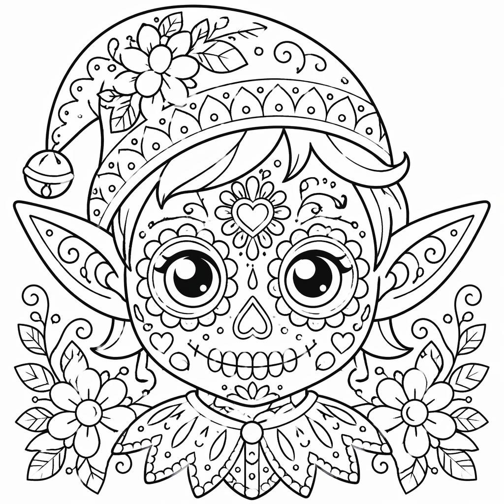 Black-and-white coloring page of a kid-friendly sugar skull with manga-inspired mandala details and clean printable outlines.