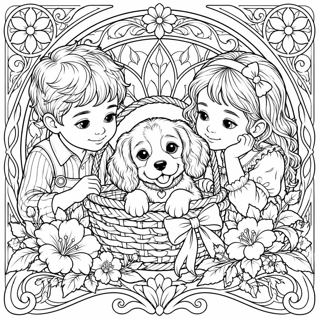 Illustration noir et blanc d’un chiot dans un panier avec enfants, style Art nouveau très détaillé à colorier
