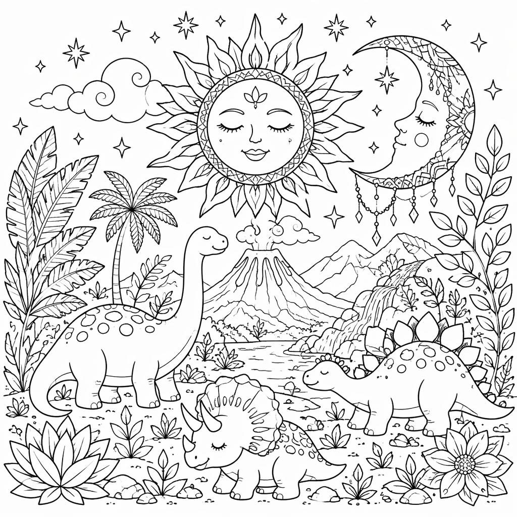 Black-and-white coloring page with kid-friendly dinosaur scenes, botanical details, and bohemian sun and moon motifs.