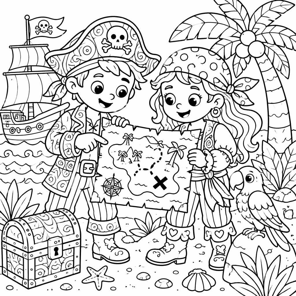 Ilustración en blanco y negro de niños piratas con un mapa del tesoro, estilo doodle, lista para colorear.