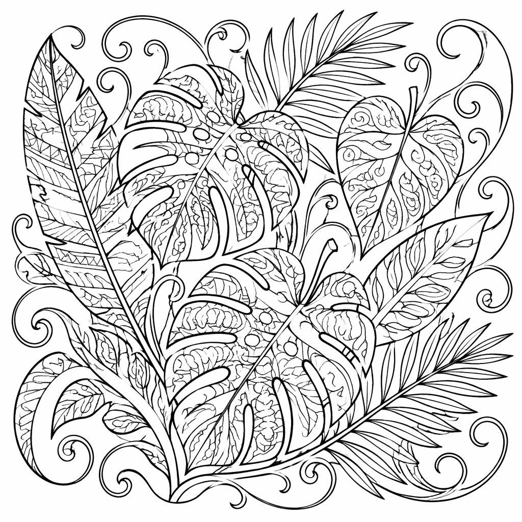 Ilustración para colorear en blanco y negro de hojas tropicales zentangle con culebra en estilo art nouveau.