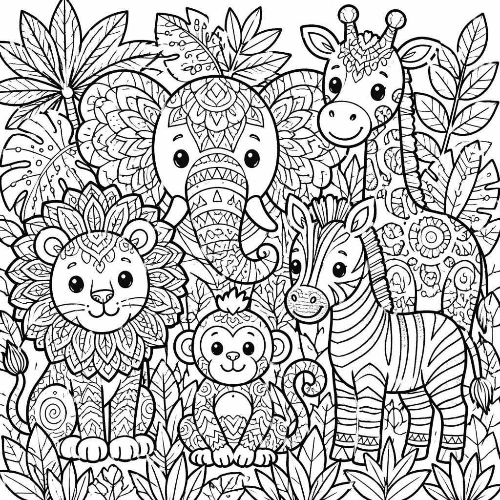Černobílá omalovánka se safari zvířaty v zentangle stylu, silné obrysy, botanické motivy, bílá plocha.