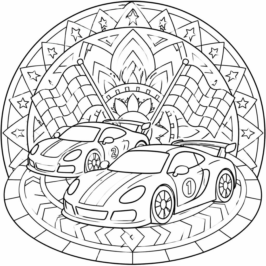 Illustration noir et blanc de voitures de course pour enfants, style mandala géométrique, contours nets à colorier.